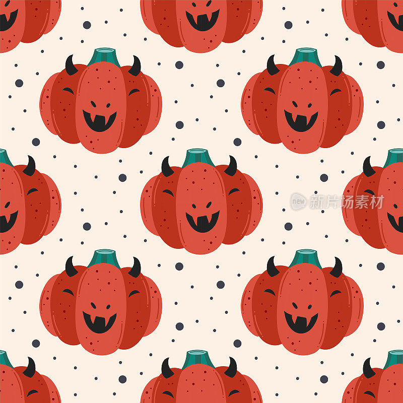 Spooky red pumpkin in devil costume. Happy Halloween seamless pattern, texture. Packaging design. Flat cartoon vector.